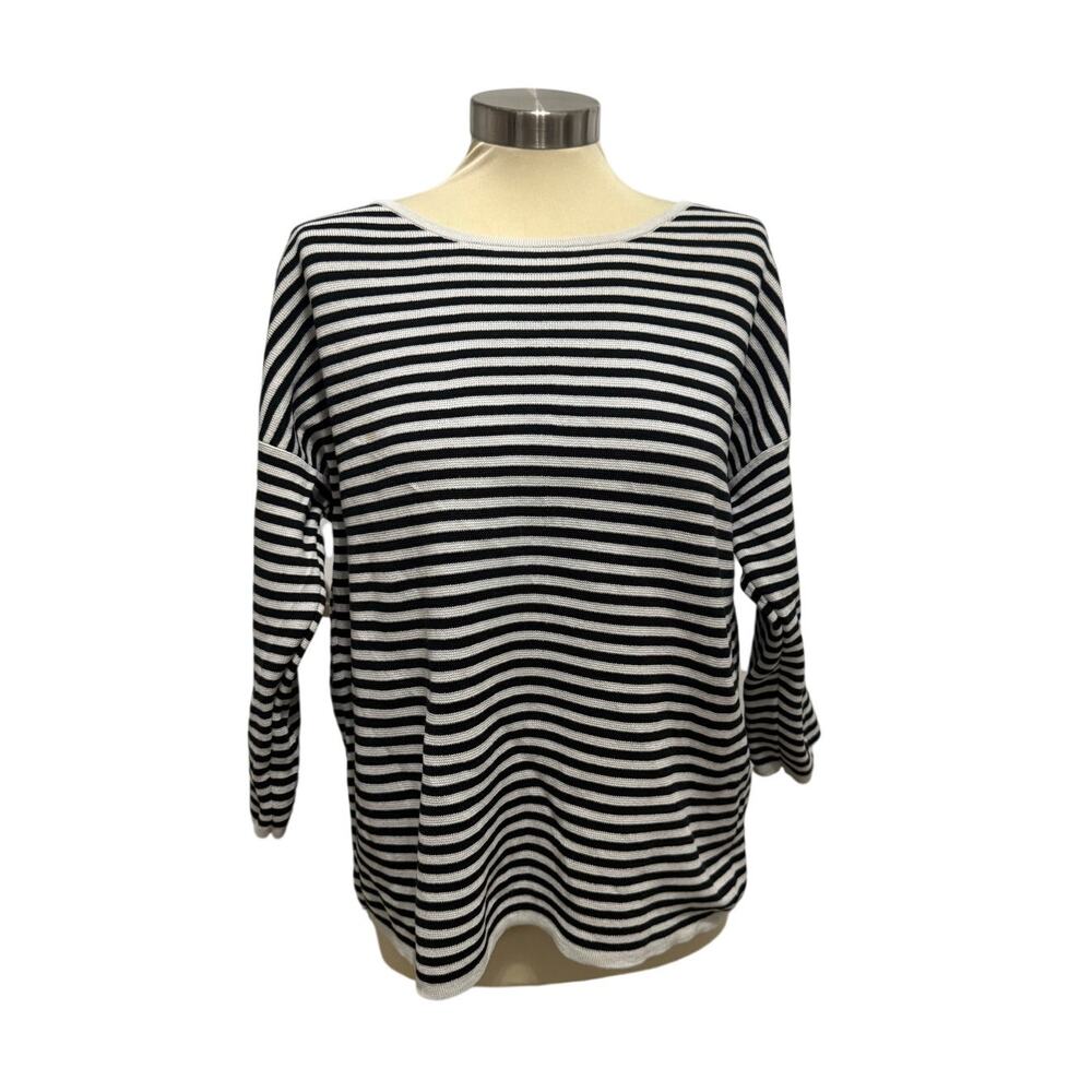 Eileen Fisher Sweater Silk Organic Cotton Striped Black White Size L Lagenlook